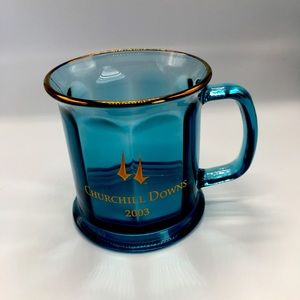 VTG 2003 Blue & Gold Trim Churchill Downs Glass Coffee Cup/Mug. 4 in diameter